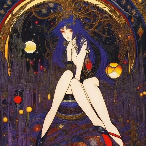 Prompt: Harry Clarke, Roger Broders, Surreal, mysterious, strange, fantastical, fantasy, Sci-fi, Japanese anime, night on the game board, slow gentle light, beautiful blonde miniskirt girl Alice, perfect voluminous body, rotating moon and stars, detailed masterpiece angles 