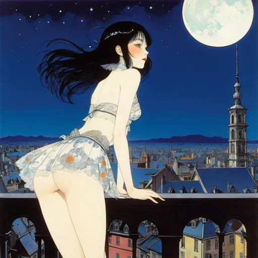 Prompt: Harry Clarke, Mark Severin full colours, Henri Meunier, Mitsuru Adachi, Steven van Hasten, Surrealism Mysterious Weird Fantastic Fantasy Sci-fi, Japanese Anime, Midday Moonlight Bathing, School Rooftop, Miniskirt Beautiful High School Girl, perfect voluminous body, detailed masterpiece 