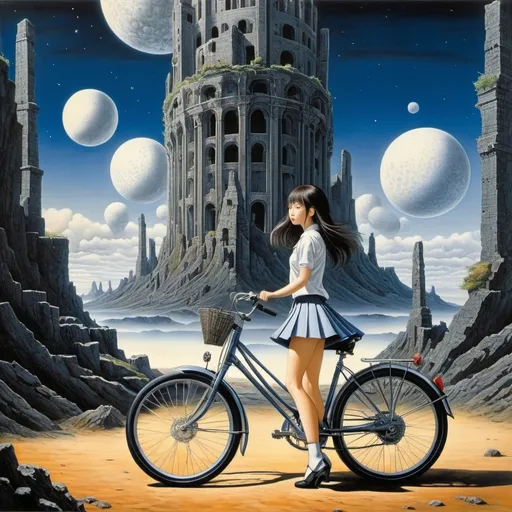 Prompt: Ayami Kojima, Jurgen Ziewe, Paul Delvaux, Kunio Okawara, Shigeru Hatsuyama, Surrealism, wonder, strange, fantastical, fantasy, Sci-fi, Japanese anime, landscape with ruins in the future, towers of empty shells, comets that have fallen to the ground, geometry dancing in the air, bicycle trip of a beautiful high school girl in a miniskirt, perfect voluminous body, detailed masterpiece 