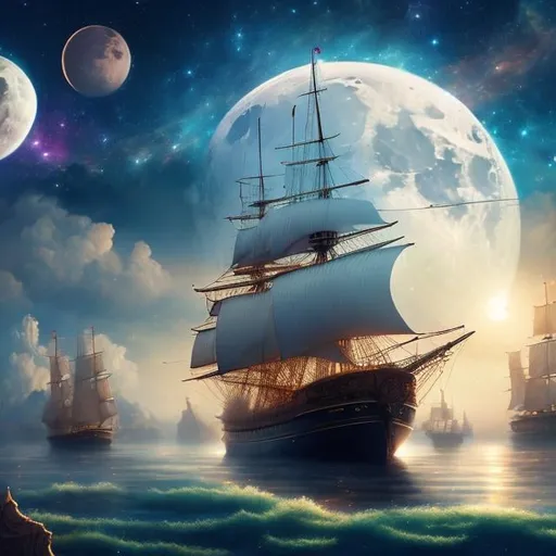 Prompt: Barbara Cooney, Basia Tran, mysterious, strange, bizarre, fantasy, sci-fi, beautiful girl Alice, classroom flood, escaping sailing ship, full moon, galaxy, trapeze, detailed high resolution definition quality masterpiece