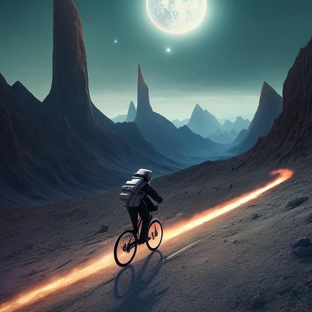 Prompt: Mikhail Tsekhanovskiy, Anton Lomaev, Surreal, mysterious, strange, fantastic, fantasy, sci-fi, Japanese anime, a suicide mission to the moon from which there is no return, the race for space development is a product of human delusion, the hero who went to the moon by rocket is still frantically pedaling his bicycle, absurdity, detailed masterpiece high resolution definition quality depth of field cinematic lighting 