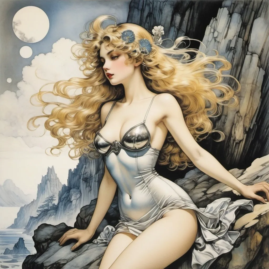 Prompt: Arthur Rackham. Luigi Serafini, Hajime sorayama, Marius van Boordt, Terry Oakes, Surrealism Mysterious Strange Fantastic Fantasy Sci-fi, Japanese Anime, Landscape Stone Paegina, Bouquet Stone Plume Agate, Banded Agate Mysterious Stone that Trapped a Lost World, A blonde miniskirt beautiful girl Alice born from a cross section of stone, perfect voluminous body, detailed masterpiece hand coloured fine line drawings 