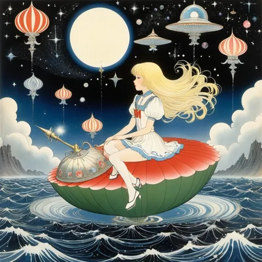 Prompt: Kay Nielsen, Henriette Willebeek le Mair, Harold McCauley, Shigeru Hatsuyama, Pixie O'Harris, Surrealism, wonder, strange, fantastic, fantasy, Sci-fi, Japanese anime, beautiful blonde miniskirt girl Alice riding a lotus floating in an ocean of stars, perfect voluminous body, rocket launch, detailed masterpiece 