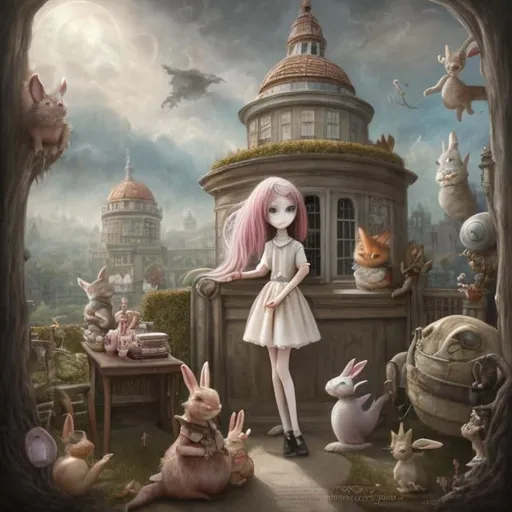 Prompt: Nicoletta Ceccoli, Tula Lotay, Surreal, mysterious, bizarre, fantastical, fantasy, Sci-fi, Japanese anime, Alice, a beautiful blonde girl in a miniskirt in the classroom, her classmates, a rabbit and a cat, and a Western-style dragon outside the window.Anotherworldly scenery, detailed masterpiece 