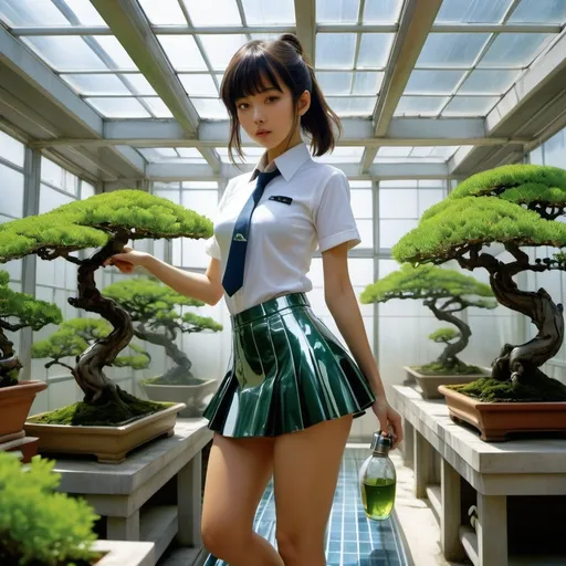 Prompt: Hajime Sorayama, Naoyuki Kato, Anna Friberger, Jens Rosing, tomoyoshi Maruyama, Tove Henrysson, Surrealism, wonder, strange, bizarre, fantasy, Sci-fi, Japanese anime, futuristic city in bonsai, miniskirt beautiful high school girl watering bonsai, perfect voluminous body, splash, wet, glass global greenhouse, detailed masterpiece 