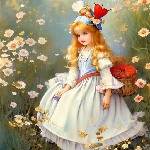 Prompt: Kate Greenaway,  Jessie Willcox Smith, Heikala, Alice in wonderland, blonde girl, with queen of hearts, hyper detailed, high resolution, high definition, high quality, masterpiece, Japanese anime, manga lines, realistic 
