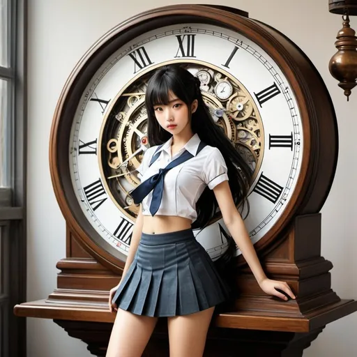 Prompt: Patrik Antczak, Kamil Lhoták, Štěpán Zavřel, Arthur Rackham, Surrealism, wonder, strange, bizarre, fantasy, sci-fi, Japanese anime, quartz clock that combines machinery and electricity, measuring time, beautiful high school girl in a miniskirt weaving a calendar, perfect voluminous body, perpetual hourglass, detailed masterpiece perspectives low high angles 