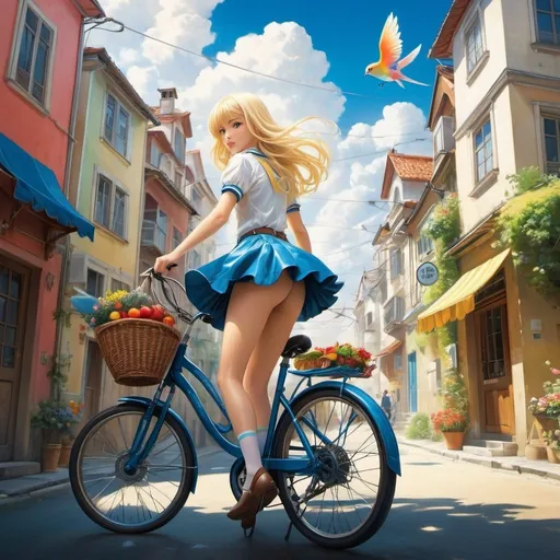 Prompt: Nikolaos Gyzis, Dimitris Taxis, Ilias Kyriazis, Susanne Wenger, Naoyuki Kato, Surrealism, wonder, strange, fantastical, fantasy, Sci-fi, Japanese anime, the city on the other side of the rainbow, beautiful blonde miniskirt girl Alice crossing the rainbow on a bicycle, perfect voluminous body, bird's eye view, fairy tale, detailed masterpiece 