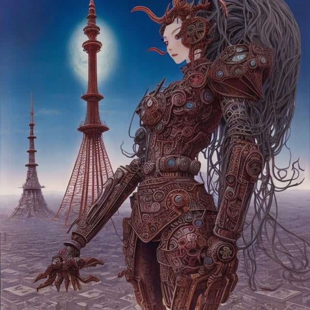 Prompt: Fritz Baumgarten, Philippe Druillet, Surreal, mysterious, strange, fantastical, fantasy, Sci-fi, Japanese anime, Tokyo Tower, blue whale swimming in the sky, beautiful girl in a miniskirt looking up, perfect voluminous body, detailed masterpiece wide angles