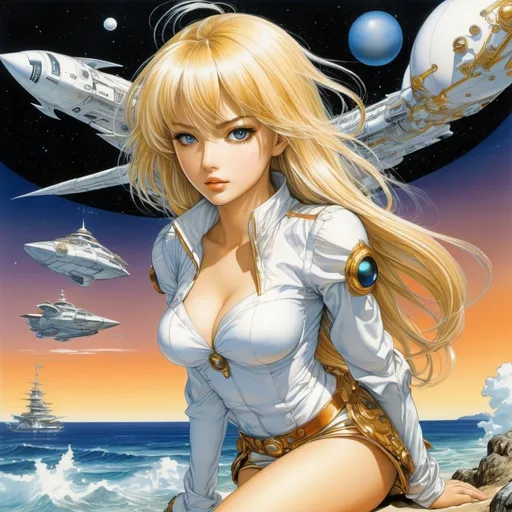 Prompt: Harald Wiberg, Masamune Shirow, Multicolored hand-drawn surreal, mysterious, bizarre, fantastic, fantasy, Sci-fi, Japanese anime, seashells on the shores of the galaxy, a sailing spaceship, beautiful blonde miniskirt girl Alice, perfect voluminous body, wide-angle bird's-eye view, detailed masterpiece 