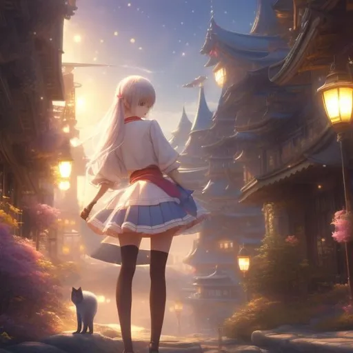 Prompt: Alexander Mikalchuk, Takeshi Obata, Surreal, mysterious, strange, fantastical, fantasy, Sci-fi, Japanese anime, walk on the map, beautiful blonde miniskirt girl Alice, perfect body, on paper with a cat, detailed masterpiece cinematic lighting 