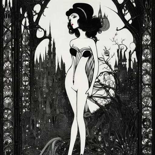 Prompt: Harry Clarke, Gary Baseman, Surreal, mysterious, strange, fantastical, fantasy, Sci-fi, Japanese anime, bustling ruins, beautiful girl, perfect voluminous body, detailed masterpiece 