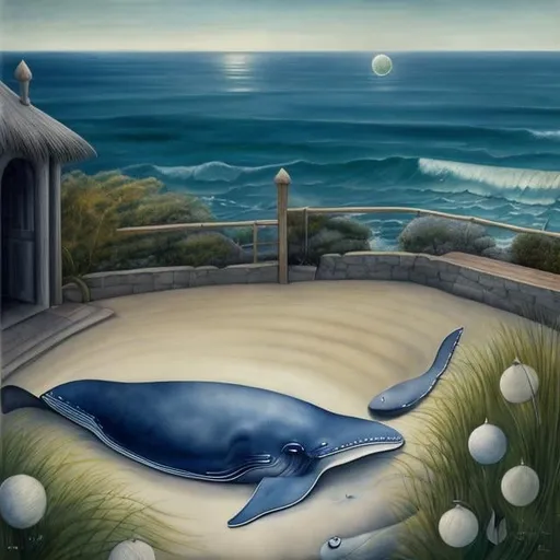 Prompt: Leonora Carrington,  Mabel Lucie Attwell, Margaret Tarrant, moon sleeping in basement, a girl wondering looking for her fate, whale beach, orb, detailed, high quality, high resolution, high definition, masterpiece Water colour