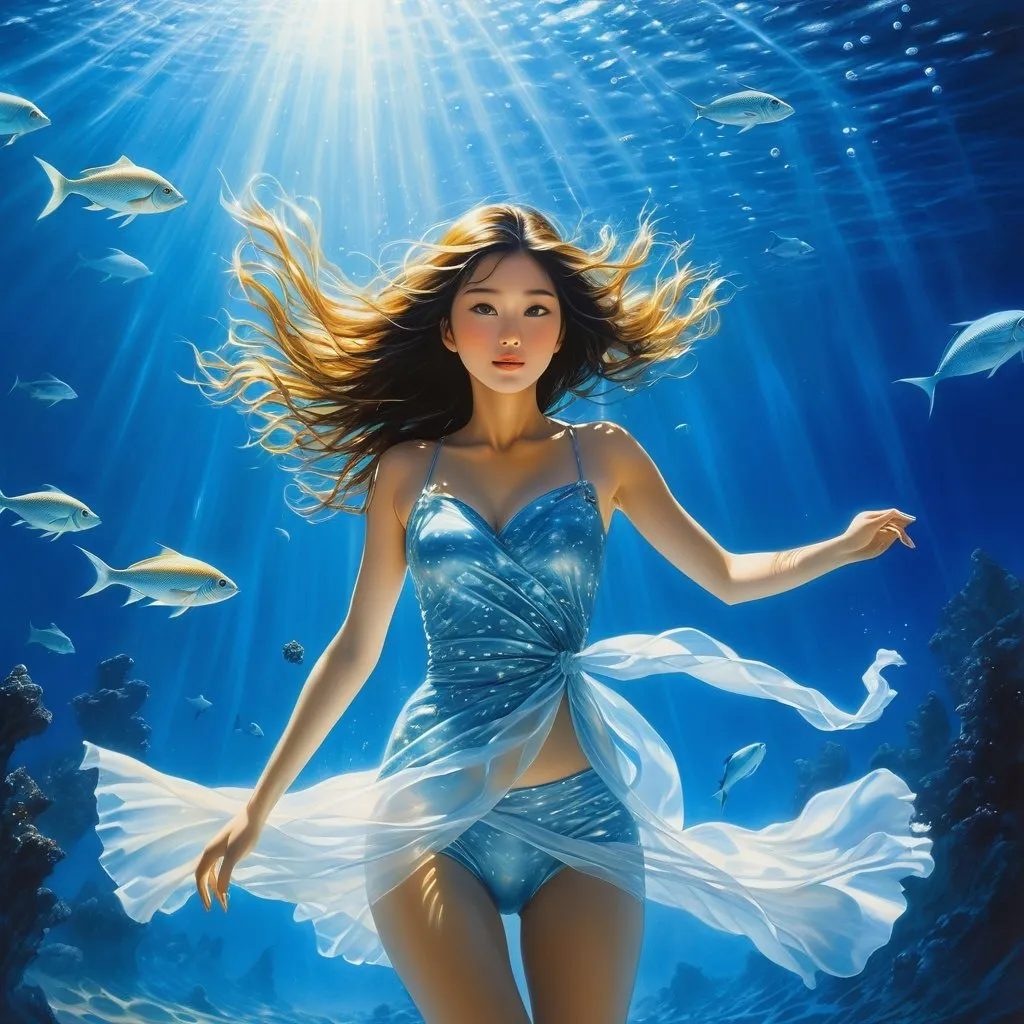 Prompt: Takako Hirai, Mark Tansey, Surreal, mysterious, strange, fantastical, fantasy, Sci-fi, Japanese anime, walking under the sea, beautiful girl, long hair swaying underwater, several streaks of light shining from the sea surface, detailed masterpiece 