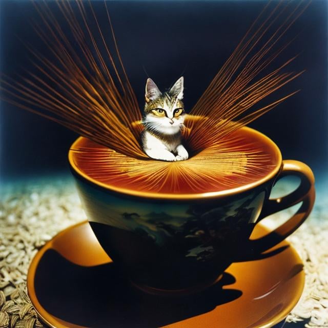 Prompt: Shigeru Tamura, Remedios Varo, Surreal, mysterious, strange, fantastical, fantasy, Sci-fi, Japanese anime, Saturn floating in a coffee cup, detailed masterpiece 