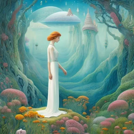 Prompt: Elsa Beskow, surreal, mysterious, strange, fantastical, fantasy, Sci-fi fantastic, Japanese anime, words are a sea of ​​world iconography, a beautiful girl straight out of a novel, a journey, the flight of Icarus, metaphysics, flying in the sky, detailed masterpiece, high resolution definition quality, depth of field, cinematic lighting 