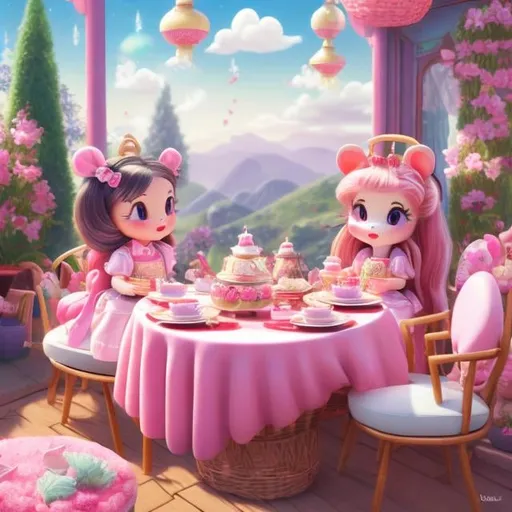 Prompt: Mabel Attwell, Barbara Cooney, Anne Anderson, Surreal, mysterious, bizarre, fantastical, fantasy, Sci-fi, Japanese anime, mini-skirt samurai Beautiful girl and a giant teddy bear, having tea at a stylish cafe, Bear likes strawberry shortcake, detailed cute masterpiece 