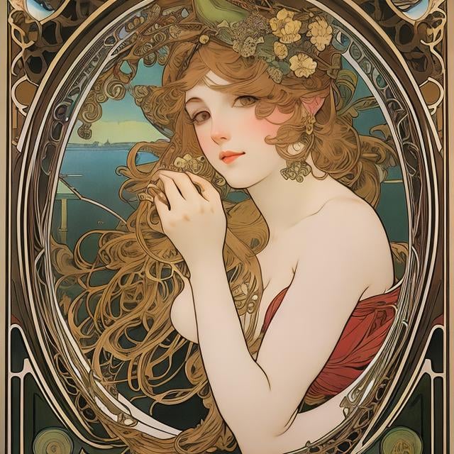 Prompt: Alphonse Mucha, Maurice Sendak, Charles Doyle, Surreal, mysterious, bizarre, fantastical, fantasy, Sci-fi, Japanese anime, beautiful blonde girl Alice, perfect voluminous body, welcoming bird of Diomedea island, Cephalos's love affair, autophagy of octopus, musical fishing of red flycatcher, cultural device called cafe, from the history of life on Earth to the systematization of astrobiology, detailed masterpiece, depth of field cinematic lighting 