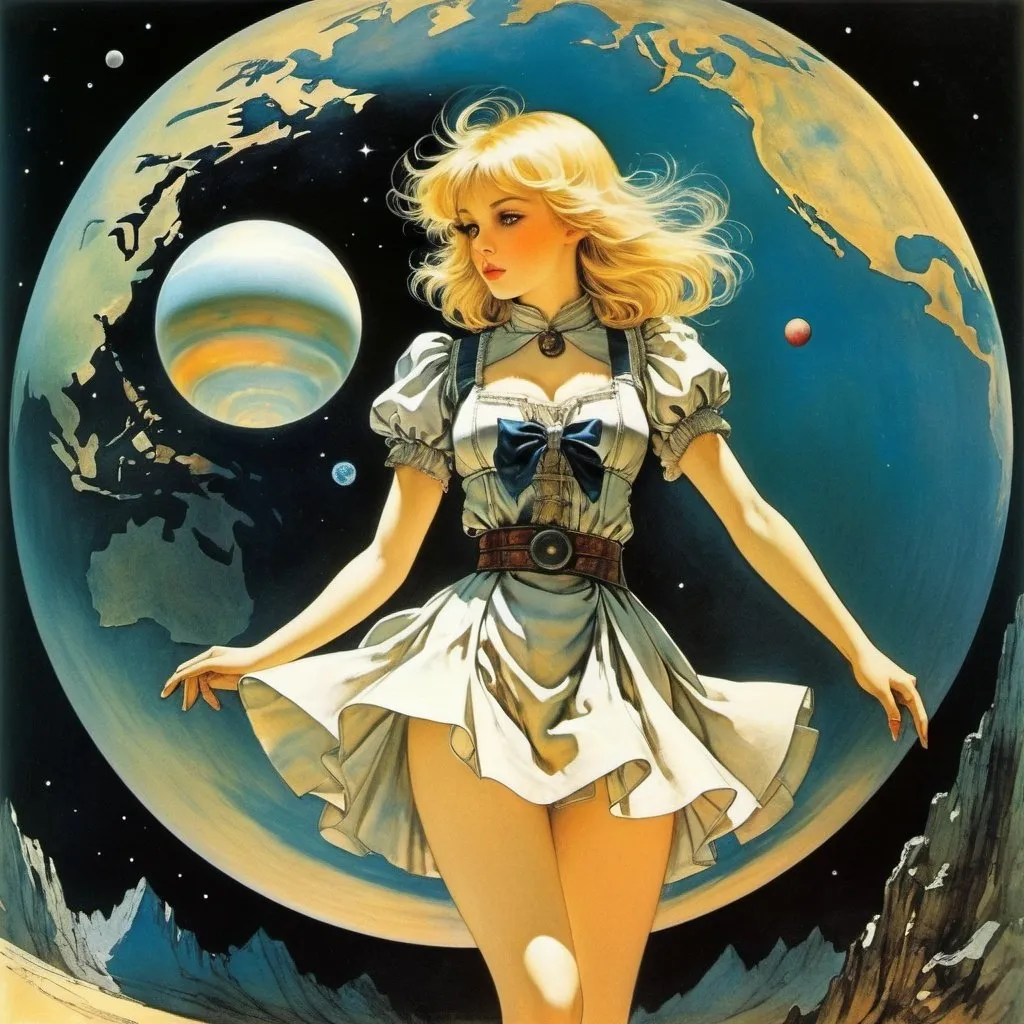 Prompt: Karel Thole, Lebbeus Woods, Kelly Freas, Gustave Doré full colours, Arthur Rackham, Surrealism Mysterious Weird Fantastic Fantasy Sci-fi, Japanese Anime, Square Celestial Globe, Geometry and Solar System, Blonde Miniskirt Beautiful Girl Alice, perfect voluminous body, detailed masterpiece 