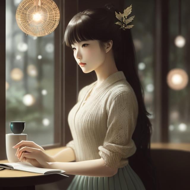 Prompt: Kate Greenaway, Hiroshi Masumura, Surreal, mysterious, strange, fantastical, fantasy, Sci-fi, Japanese anime, star fragments, perpetual motion machine, miniskirt beautiful girl in a coffee shop, perfect voluminous body, detailed masterpiece 