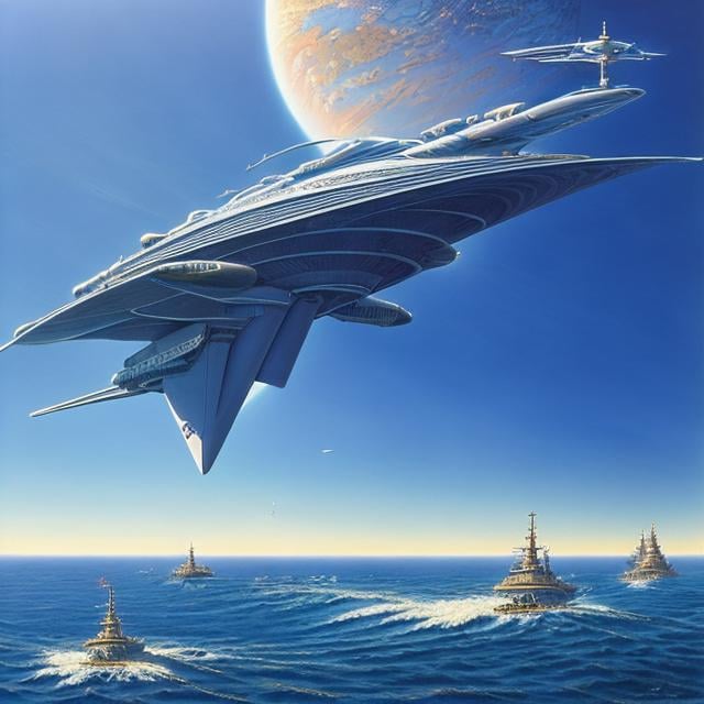 Prompt: Jean Giraud, Rodney Matthews, Surreal, mysterious, strange, fantastical, fantasy, Sci-fi fantasy, anime, paper spaceship, beautiful cyborg, miniskirt high school girl, perfect body, Tokyo Bay ocean, planets sinking to the ocean floor