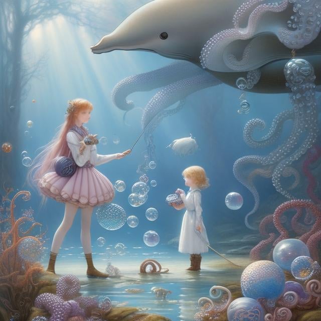 Prompt: Margaret Tarrant, Elsa Beskow, Charles Robinson, Surreal, mysterious, strange, fantastical, fantasy, Sci-fi fantasy, fight between an octopus and a whale in the forest, a beautiful girl in a miniskirt who plays the role of mediator, perfect voluminous body, soap bubbles, detailed masterpiece 