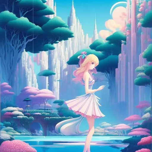Prompt: Margaret Tarrant, Mary Blair, Eyvind Earle, Japanese Anime, Surreal Mysterious Weird Fantastic Sci-Fi Fantasy, A giant pudding parfait as tall as a building, a miniskirt high school girl is climbing into the parfait using a ladder, beautiful perfect body, she likes sweets, masterpiece detailed