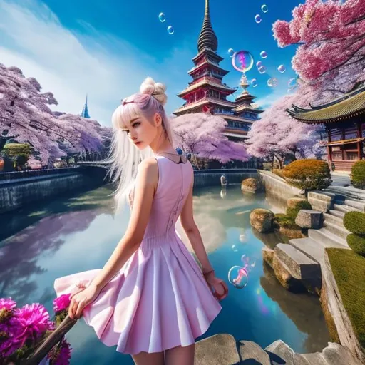 Prompt: daisukerichard, Bolesław Biegas, Surreal, mysterious, bizarre, fantastical, fantasy, Sci-fi, Japanese anime, Sanjusangendo, the bell of time, twisted pipes, soap bubbles, peeking tricks, beautiful blonde miniskirt girl Alice enjoying sightseeing in Edo, perfect voluminous body, detailed masterpiece 