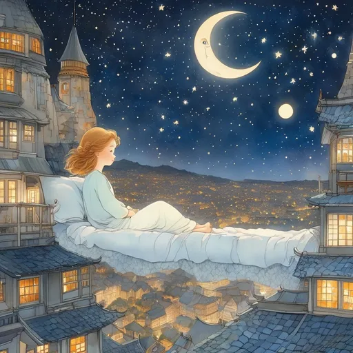 Prompt: Akihiro Yamada, Elsa Beskow, Surreal, mysterious, bizarre, fantastical, fantasy, Sci-fi, Japanese anime, bed floating in the night sky, city night view above, beautiful girl in cute pajamas, perfect body, moonlit night starry sky, bird's eye view, detailed masterpiece 