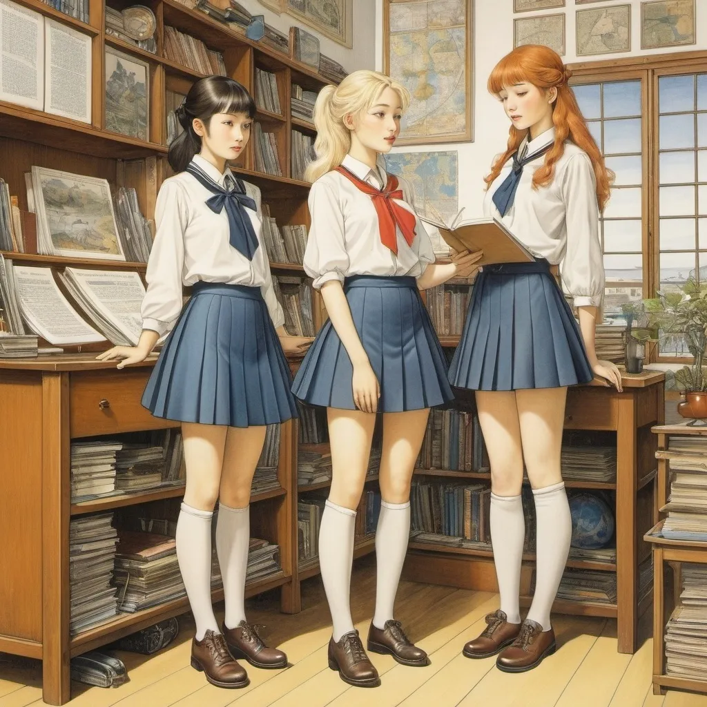 Prompt: Vasilis Lolos, Elsa Beskow, Susanne Wenger, Maki Enjōji, James Cowie, Surrealism, strange, bizarre, fantastical, fantasy, Sci-fi, Japanese anime, conversion of voice to text through the printing revolution, or visualization of the world, life of metal and beautiful high school girls in miniskirts, perfect voluminous body, theory of mechanics, detailed masterpiece 