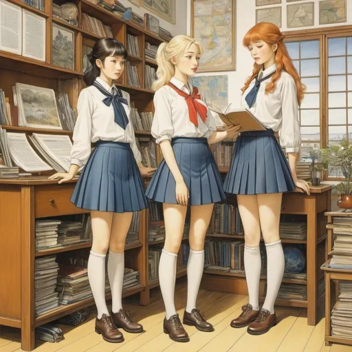 Prompt: Vasilis Lolos, Elsa Beskow, Susanne Wenger, Maki Enjōji, James Cowie, Surrealism, strange, bizarre, fantastical, fantasy, Sci-fi, Japanese anime, conversion of voice to text through the printing revolution, or visualization of the world, life of metal and beautiful high school girls in miniskirts, perfect voluminous body, theory of mechanics, detailed masterpiece 