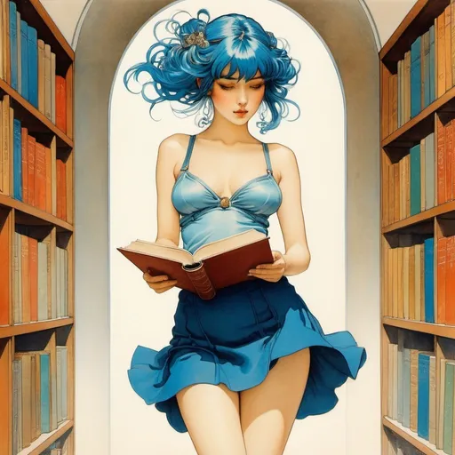 Prompt: Rene Gruau, Alphonse Mucha, Surreal, mysterious, strange, fantastical, fantasy, Sci-fi, Japanese anime, book lover's ascension, blue-haired miniskirt beautiful girl, perfect voluminous body, Infinite Library, detailed masterpiece hand coloured drawing