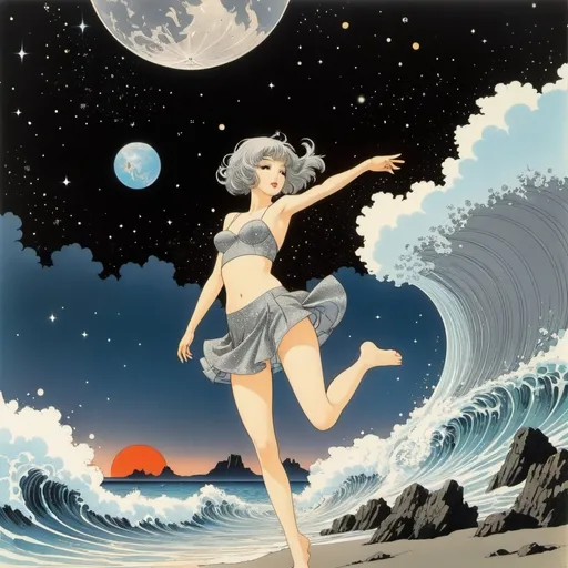 Prompt: George Barbier, Al Brule, Yuu Watase, Katsuhiro Otomo, Miki Katoh, Surrealism, wonder, strange, bizarre, fantasy, Sci-fi, Japanese anime, night flow with swirling gray nebula, planetary dust lying on the beach and a beautiful high school girl in a miniskirt, perfect voluminous body, detailed masterpiece 