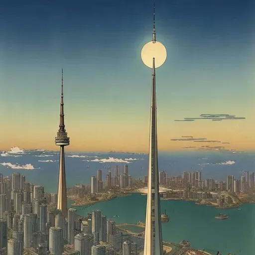 Prompt: Anton Pieck, Ukiyo-E, Kate Greenaway, Japanese Anime Mysterious Strange Fantastic Sci-Fi Fantasy Illusion,  The Moon impaled by the Toronto CN Tower, hyper detailed, high resolution high definition high quality masterpiece 