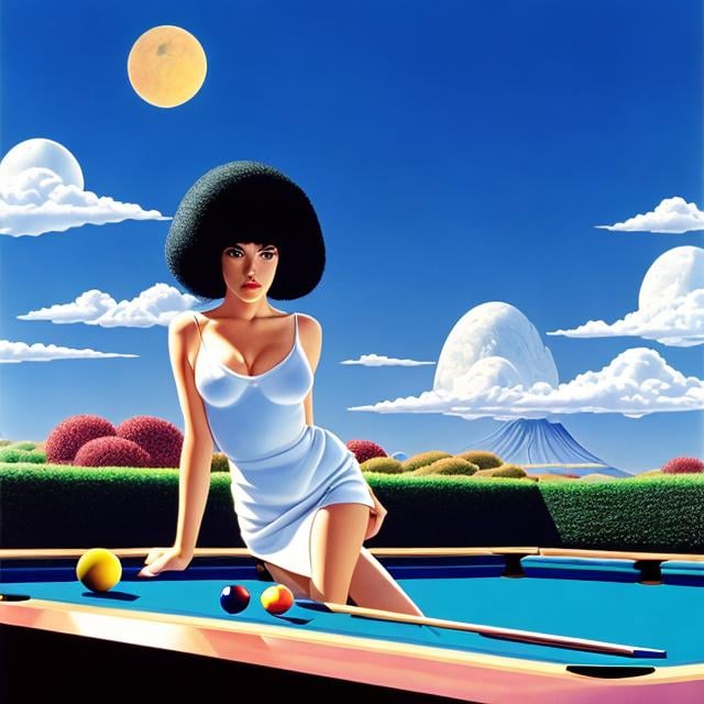 Prompt: Guy Billout, Anne Anderson, Surreal, mysterious, strange, fantastical, fantasy, Sci-fi, Japanese anime, planet billiards, miniskirt beautiful girl, perfect voluminous body, detailed masterpiece 