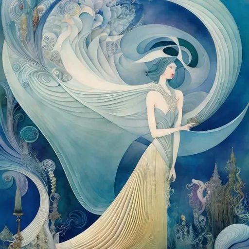 Prompt: Kay Nielsen, Sandrine Gestin, Surreal, mysterious, bizarre, fantastical, fantasy, Sci-fi, Japanese anime Twisting paper, weaving, overlapping, winding, tearing, bending, making cuts and lifting, crumpling, making pleats, flat folding and mirror transformation, origami Beautiful girl, perfect voluminous body, detailed masterpiece 