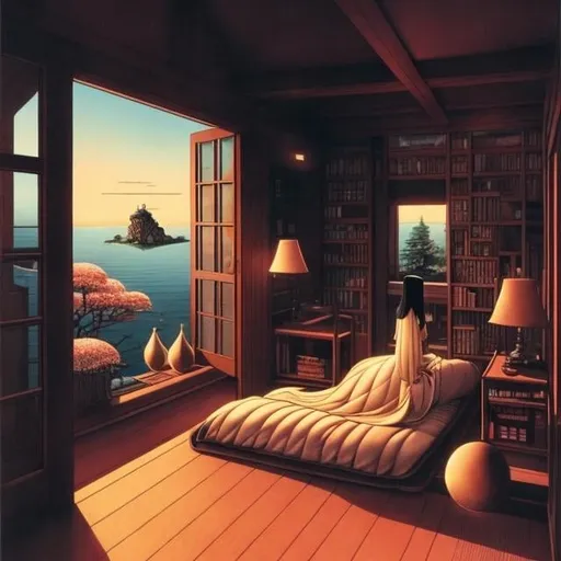 Prompt: Hasui Kawase, François Schuiten, Surreal, mysterious, strange, fantastical, fantasy, Sci-fi, Japanese anime, sea in the attic, overflowing beautiful girl mermaid, perfect voluminous body, detailed masterpiece 
