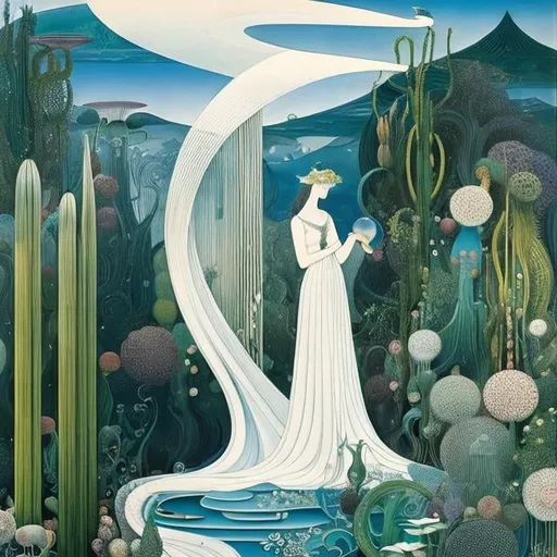 Prompt: Kay Nielsen, Theyre Lee-Elliott, Surreal, mysterious, strange, fantastical, fantasy, sci-fi, Japanese anime, A beautiful plant girl with a miniskirt growing from a flowerpot in a glass greenhouse, perfect voluminous body, Happy listening to the music of a gramophone, detailed masterpiece 