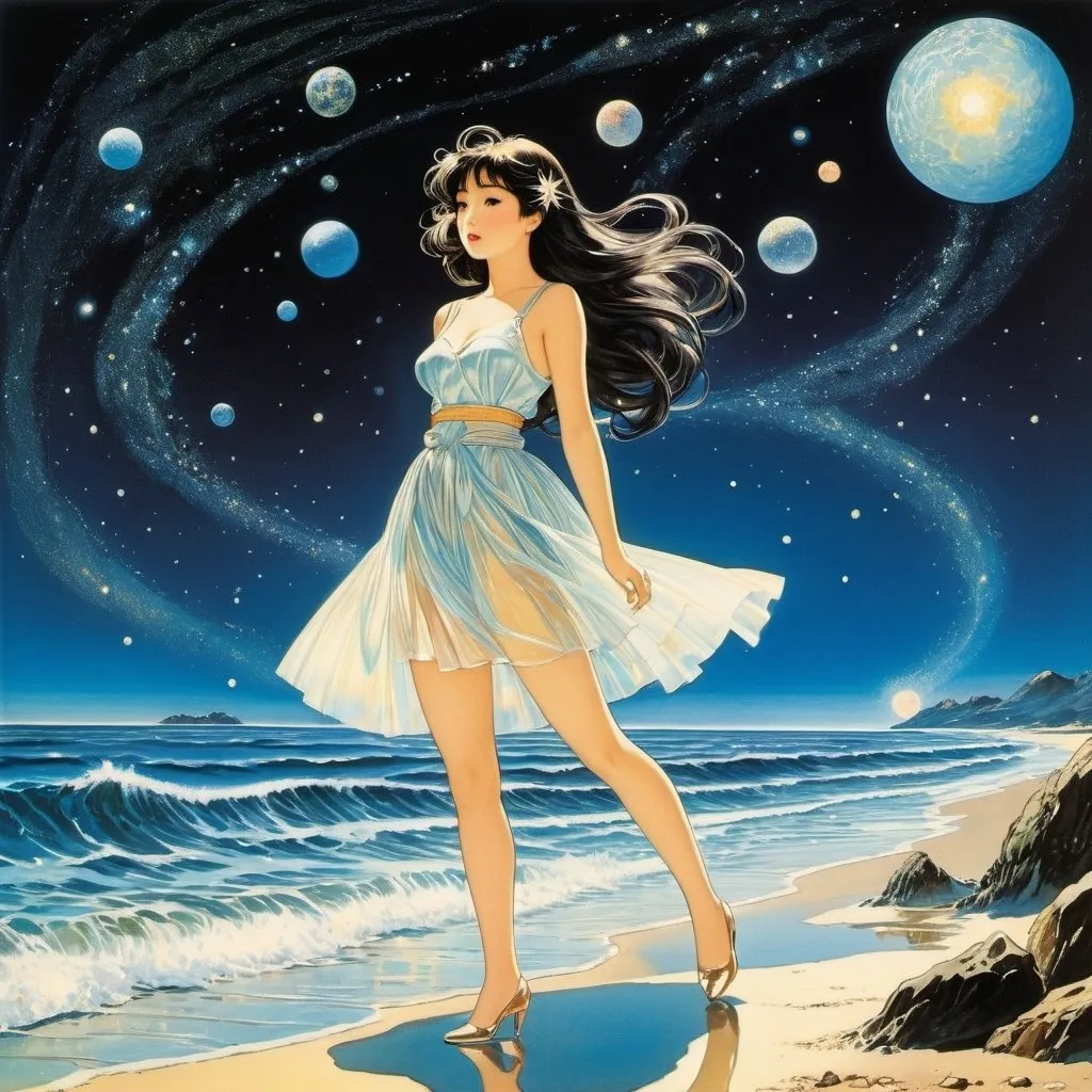 Prompt: Guillermo Divito, Walter Crane, Aoi Hiiragi, Horace J Knowles full colours, Takeo Takei, Surrealism, strange, bizarre, fantastical, fantasy, Sci-fi, Japanese anime, collecting stardust on the shores of the ends of the earth, star fragments washing up on the shores of space, translucent dimly glowing, mini-skirt beautiful girl collector, perfect voluminous body, detailed masterpiece 