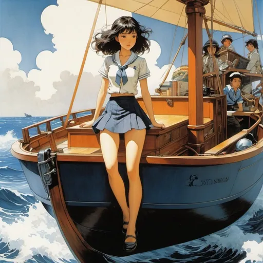 Prompt: Rafael de Penagos, NekoshowguN, Arthur Rackham, Satomi Ichikawa, Tatsuro Kiuchi, Syd Mead, Surrealism, wonder, strange, fantastical, fantasy, Sci-fi, Japanese anime, a beautiful high school girl in a miniskirt who sails on a small boat in the ocean of books, perfect voluminous body, detailed masterpiece 