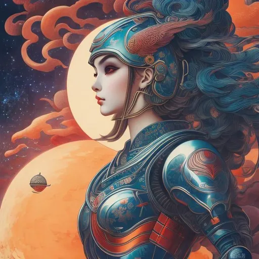 Prompt: Ukiyo-e style M C Escher, anime surreal mysterious strange bizarre fantasy sci-fi fantasy space cricket space suit beautiful girl detailed, high resolution definition quality masterpiece vibrant colors, girl, masterpiece, sharp focus, best quality, depth of field, cinematic lighting ,