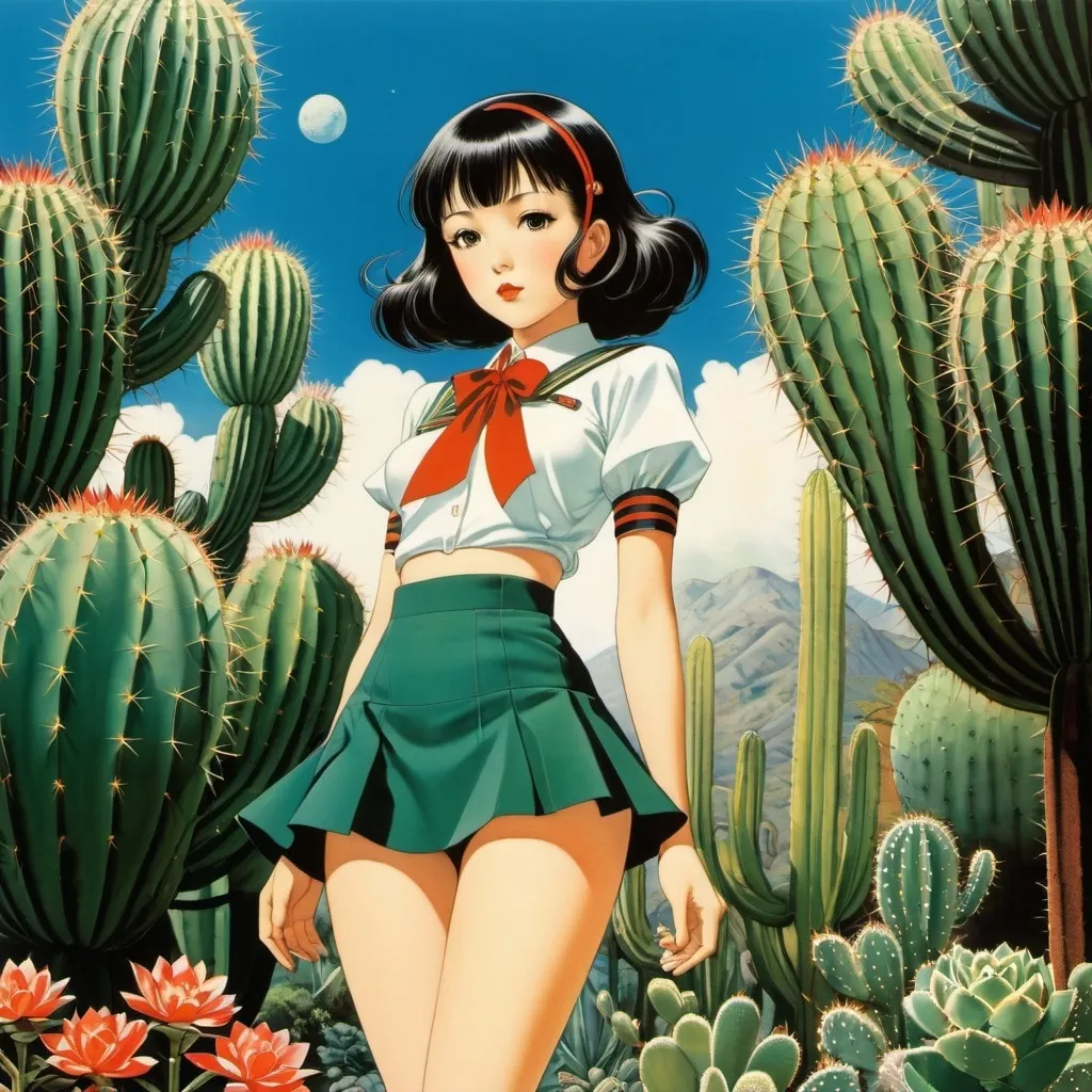 Prompt: George Barbier, Ernest Aris, Chiaki Okada, Naoyuki Kato, Phyllis Chase, Surrealism Mysterious Weird Fantastic Fantasy Sci-fi, Japanese Anime, Martian Radio, Cactus and Succulent Forest, Miniskirt Beautiful High School Girl, perfect voluminous body, detailed masterpiece 