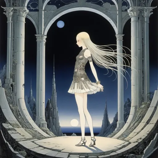 Prompt: Kay Nielsen, Alexander Sharpe Ross, Surreal, mysterious, strange, fantastical, fantasy, sci-fi, Japanese anime, a beautiful girl in a miniskirt clothed in the night, perfect voluminous body, the ruins of an extinct mechanical civilization, a journey through the twilight, detailed masterpiece 