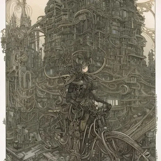 Prompt: Erte Arthur Rackham Japanese Anime m Sci-fi Fantasy Proliferating Machines Machine Life Network Future City Tokyo Girl on a Bike