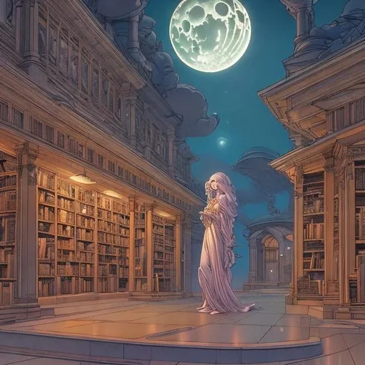 Prompt: Franklin Booth Anime　wondrous　strange　Whimsical　surreal　fanciful　Sci-Fi Fantasy　Moon setting over the library　solo girl 