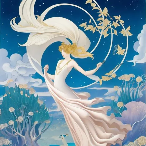 Prompt: George Barbier, Kay Nielsen, Yelena Polenova, Surreal, mysterious, bizarre, fantastical, fantasy, Sci-fi fantasy, Japanese anime, beautiful blonde miniskirt girl Alice, perfect body, thought and iconography of secret works, unfulfilled dreams, perfection and eternity, the science of Hermes, the rose garden of the philosophers, accompaniment with mythology and music, chemization and alchemia, hyper detailed masterpiece high resolution definition quality, depth of field cinematic lighting 