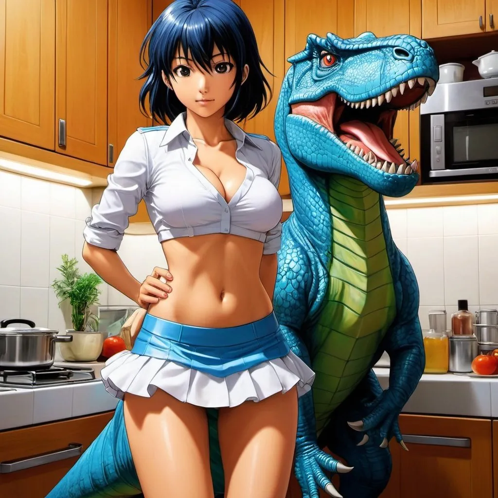 Prompt: Lorenzo Mattotti, Toriko Chiya, Surreal, mysterious, strange, fantastical, fantasy, Sci-fi, Japanese anime, dinosaurs in the kitchen, vegetarian miniskirt beautiful girl, perfect voluminous body, detailed masterpiece 