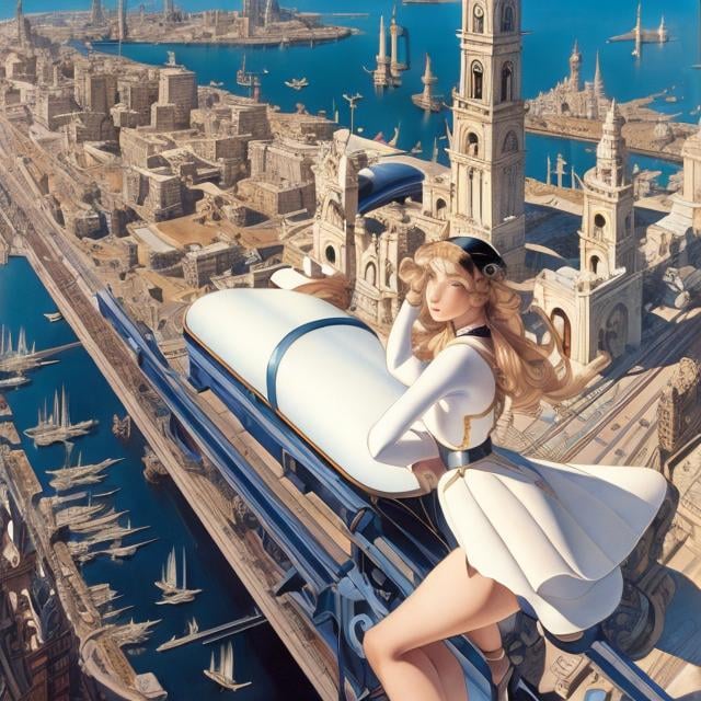 Prompt: Philip Pearlstein, Charles Robinson, Surreal, mysterious, strange, fantastical, fantasy, Sci-fi, Japanese anime, upside down clock tower, miniskirt beautiful high school girl, winding time, detailed masterpiece bird’s eye views perspectives 