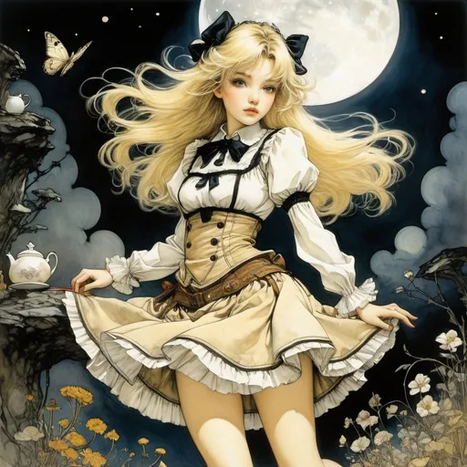 Prompt: Arthur Rackham, Gary Chalk, Robert Poughéon, Edward Mason Eggleston, Katsuya Terada, Surrealism, strange, strange, fantastical, fantasy, Sci-fi, Japanese anime, microcosm inside the body of blonde miniskirt beautiful girl Alice, perfect voluminous body, looking for a moonlit night tea party, detailed masterpiece low high angles perspectives 