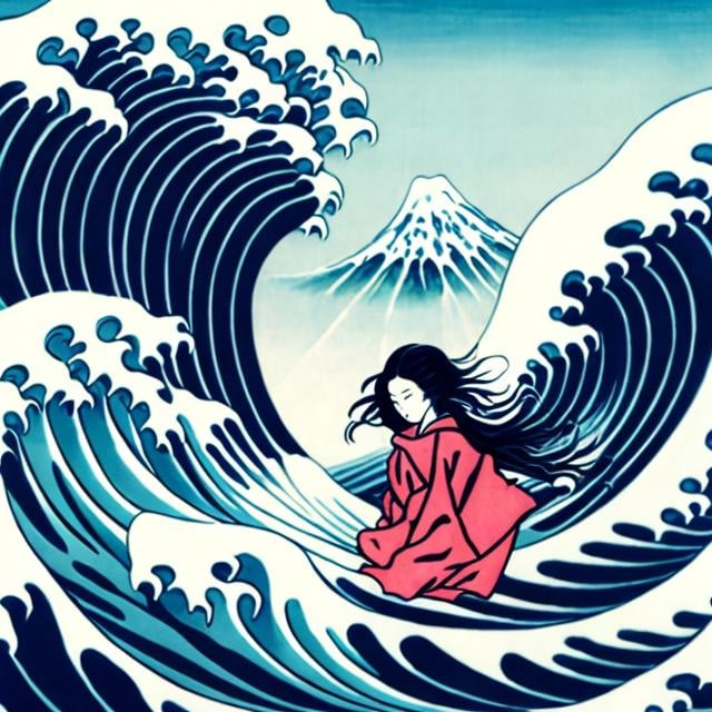 Prompt: Hokusai, Pierre Roy, Surreal, mysterious, strange, fantastical, fantasy, Sci-fi fantasy, anime, The Great Wave off Kanagawa, miniskirt beautiful girl riding the waves, perfect voluminous body, detailed masterpiece 